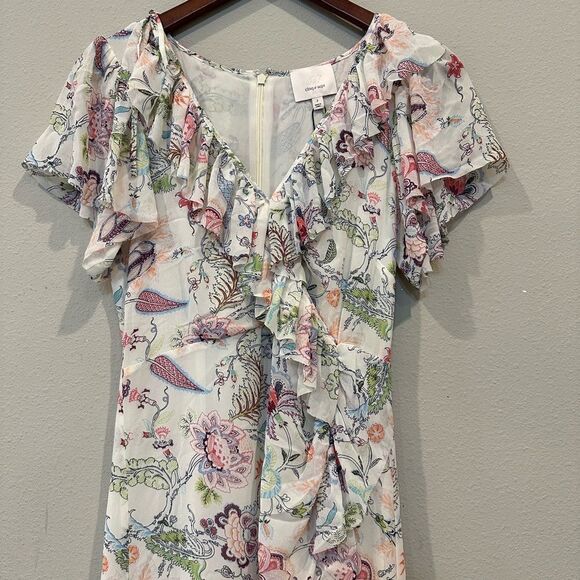 CINQ À SEPT Sheila‎ Floral Ruffle-Trim Midi Dress Size 2 V-Neck Flutter Sleeve - Picture 5 of 14